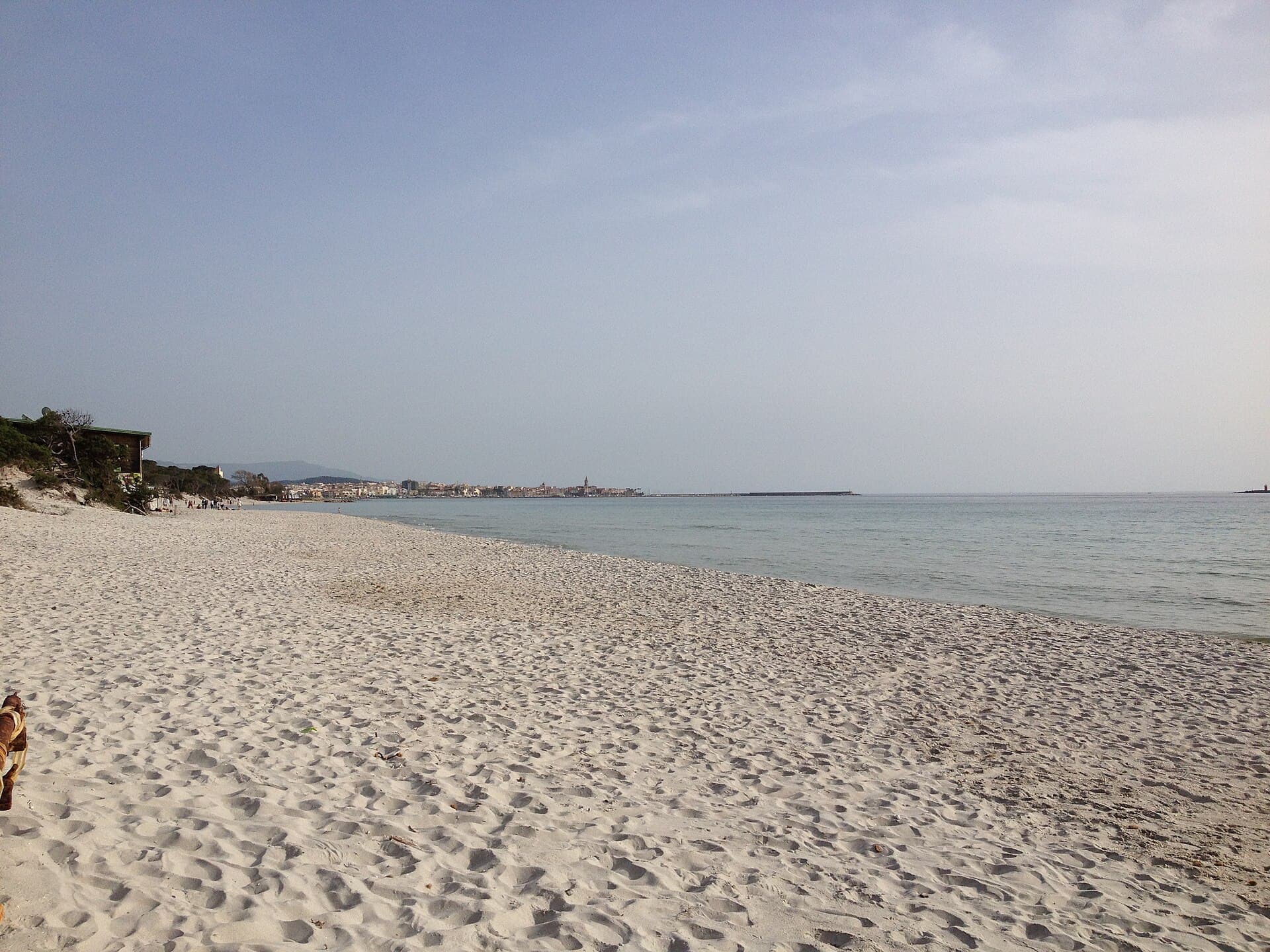 Fine white sand of Maria Pia beach curving toward the Alghero skyline